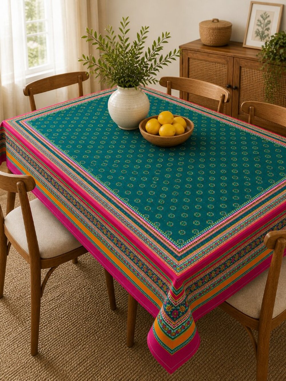 Boho Teal Patterned Tablecloth Colorful Striped Border